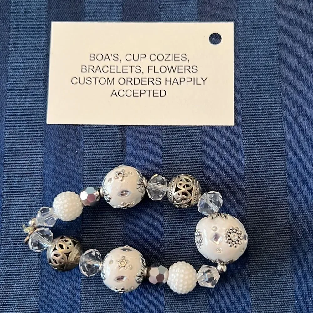 NWT Angelas Designs handmade White silver clear beaded stretch bracelet